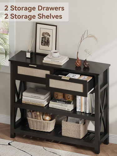 Console Table with 2 Rattan Drawers, Entryway Table with 3-Tier Storage Shelves, Narrow Long Sofa Table for Entryway, Hallway, Foyer and Living Room, Black