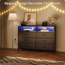Black 6 Drawer Dresser for Bedroom with LED Lights and Charging Station, Modern Wood Dressers with Extra Side Bag, Double Wide Drawer Cabinet TV Stand for up to 60" TV for Living Room
