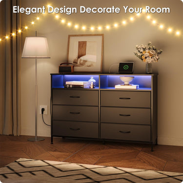 Black 6 Drawer Dresser for Bedroom with LED Lights and Charging Station, Modern Wood Dressers with Extra Side Bag, Double Wide Drawer Cabinet TV Stand for up to 60" TV for Living Room