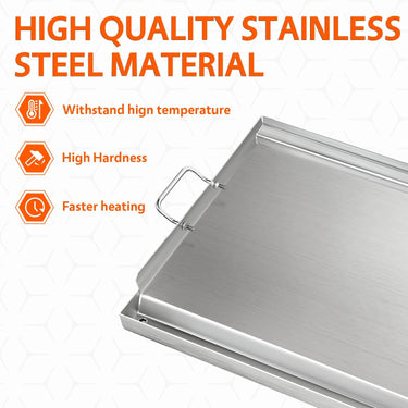LotFun 23" x 16" Stainless Steel Cooking Griddle for Outdoor Gas Grill, Universal Griddle Flat Top Plate Insert with Grease Groove and Removable Handles for Electric/Charcoal/Gas Grill, Camping,Party