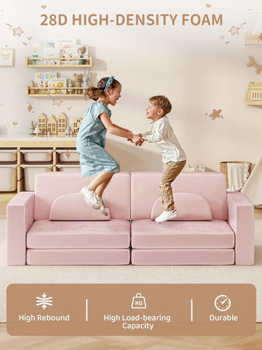 Modular Kids Play Couch 10PCS, Kids Couch 3s Instant Inflating, Nugget Couch Kids for Boys and Girls, Creative and Convertible Kids Couch for Playroom, Bedroom, Classroom, Pink