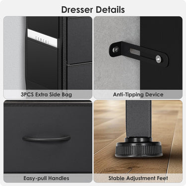 Black 6 Drawer Dresser for Bedroom with LED Lights and Charging Station, Modern Wood Dressers with Extra Side Bag, Double Wide Drawer Cabinet TV Stand for up to 60" TV for Living Room