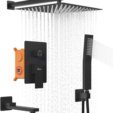 Matte Black Shower System with Tub Spout, Full Metal 10” Rainfall Shower Tub Faucet Set with Handheld Spray Combo, High Pressure Wall Mount Shower Valve and Trim Kit for Bathroom (matte black)