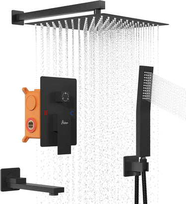 Matte Black Shower System with Tub Spout, Full Metal 10” Rainfall Shower Tub Faucet Set with Handheld Spray Combo, High Pressure Wall Mount Shower Valve and Trim Kit for Bathroom (matte black)