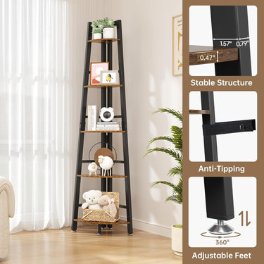 OtterOsis Corner Shelf Stand, 5-Tier Corner Shelf with LED Light, 70Inch Tall Display Shelf for Living Room, Bedroom, Bookshelf, Wood Ladder Shelf with Steel Frame, Plant Shelf (Brown)