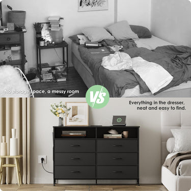 Black 6 Drawer Dresser for Bedroom with LED Lights and Charging Station, Modern Wood Dressers with Extra Side Bag, Double Wide Drawer Cabinet TV Stand for up to 60" TV for Living Room