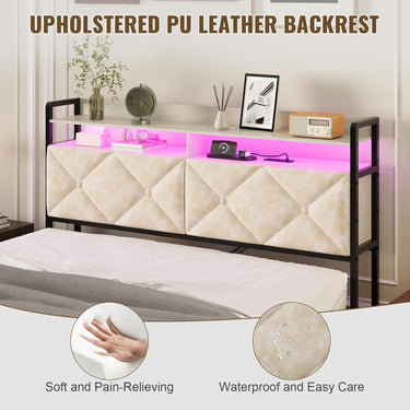Headboard Queen Size with 2-Tier Open Space and Pull-Out Hidden Storage, Upholstered Headboard with Charging Station, Height Adjustable Sturdy Queen Bed Head Only, Easy Assembly, Ivory