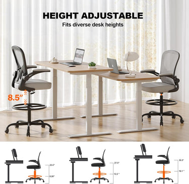 Synorla Ergonomic Drafting Chair, Tall Office Chair with Flip-up Armrests, Breathable Mesh High Desk Chair with Lumbar Support Adjustable Footrest Ring for Standing Desk, Home Office Studio