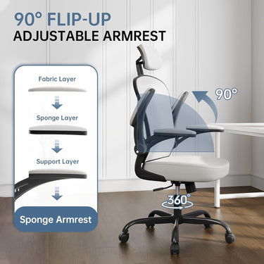 Ergonomic Office Chair Big and Tall, 350LBS Capacity, 6'5" Tall Max, Home High Back Desk Chair for Long Hours Comfortable, Adjustable Headrest, Lumbar Support, Flip-up Arm and PU Wheels, Light Gray