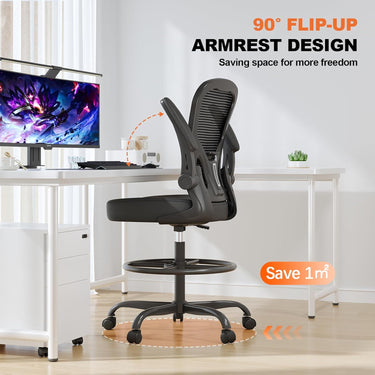 Synorla Ergonomic Drafting Chair, Tall Office Chair with Flip-up Armrests, Breathable Mesh High Desk Chair with Lumbar Support Adjustable Footrest Ring for Standing Desk, Home Office Studio