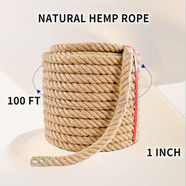 Jute Rope (1 in X 100 ft), Twisted Manila Rope, 25mm Natural Thick Hemp Rope Heavy Duty Tug of War Ropes Thick Rope for Crafts Railing Gardening Bundling Hammocks Home Decorating