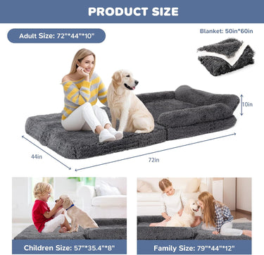 72" Foldable Human Dog Bed for Adults, Fluffy Faux Fur with Blanket, Orthopedic Washable Dog Bed with Memory Foam and Water Repellent Liner Extra Large Thick for Pet