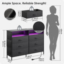 Black 6 Drawer Dresser for Bedroom with LED Lights and Charging Station, Modern Wood Dressers with Extra Side Bag, Double Wide Drawer Cabinet TV Stand for up to 60" TV for Living Room