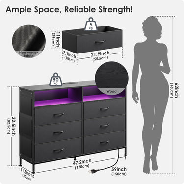 Black 6 Drawer Dresser for Bedroom with LED Lights and Charging Station, Modern Wood Dressers with Extra Side Bag, Double Wide Drawer Cabinet TV Stand for up to 60" TV for Living Room
