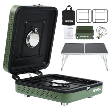 2 Burner Camping Stove with Carrying Bag,Windscreen&Table, Foldable Propane Camp Stove with 17,200 BTU for Camping, Outdoor Cooking, Portable Gas Stove with Adjustable Burner for BBQ,Green