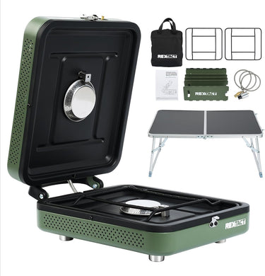 2 Burner Camping Stove with Carrying Bag,Windscreen&Table, Foldable Propane Camp Stove with 17,200 BTU for Camping, Outdoor Cooking, Portable Gas Stove with Adjustable Burner for BBQ,Green