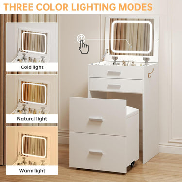 3 in 1 Vanity Desk, Compact Vanity with 3 Drawers, Makeup Desk with Flip-up 3 Colors Lighting Mirror and Cushioned Stool, Small Vanity Nightstand Perfect for Bedroom, White