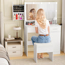 Makeup Vanity with Hidden Storage, Vanity Mirror Desk Set with Lights and Cushioned Stool for Women Girls, White Vanity Table for Bedroom with Power Outlet, Drawers, Cabinet and Shelves