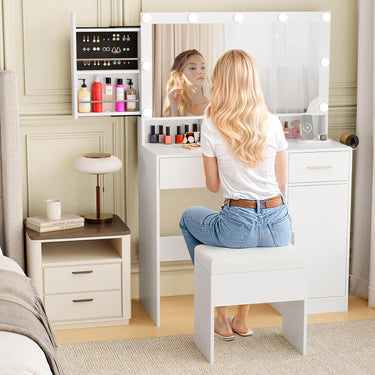 Makeup Vanity with Hidden Storage, Vanity Mirror Desk Set with Lights and Cushioned Stool for Women Girls, White Vanity Table for Bedroom with Power Outlet, Drawers, Cabinet and Shelves