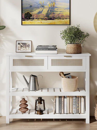 Console Table with 2 Rattan Drawers, Entryway Table with 3-Tier Storage Shelves, Narrow Long Sofa Table for Entryway, Hallway, Foyer and Living Room, White