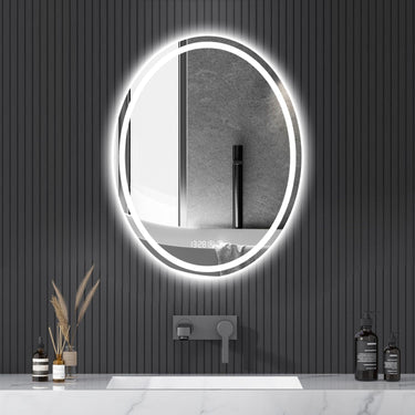 Round LED Bathroom Mirror with Lights, 24 x 32 Inch Bathroom Mirrors for Over, Smart Mirror with Time Temperature Display, Anti-Fog, Dimmable, 3 Colors Smart Bathroom Mirror, Front and Backlit