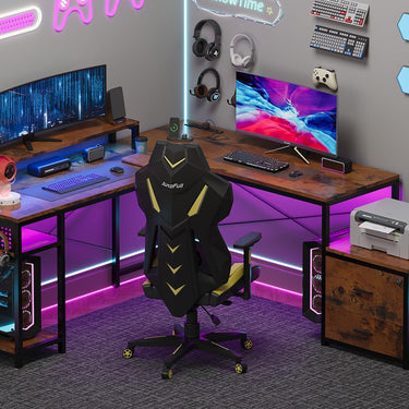 66" L Shaped Desk with Wood Drawers, 113" 2 Person Desk with Printer Stand, Large Reversible L Shape Gaming Desk with Power Outlet, Brown Computer Desk with Power Outlet for Home Office