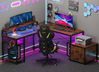66" L Shaped Desk with Wood Drawers, 113" 2 Person Desk with Printer Stand, Large Reversible L Shape Gaming Desk with Power Outlet, Brown Computer Desk with Power Outlet for Home Office