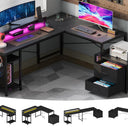 66" L Shaped Desk with Wood Drawers, 113" 2 Person Desk with Printer Stand, Large Reversible L Shape Gaming Desk with Power Outlet, Brown Computer Desk with Power Outlet for Home Office