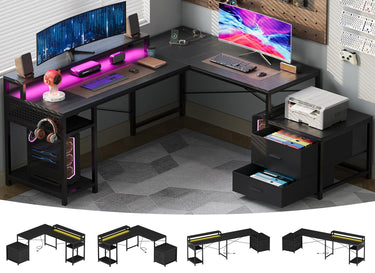 66" L Shaped Desk with Wood Drawers, 113" 2 Person Desk with Printer Stand, Large Reversible L Shape Gaming Desk with Power Outlet, Brown Computer Desk with Power Outlet for Home Office