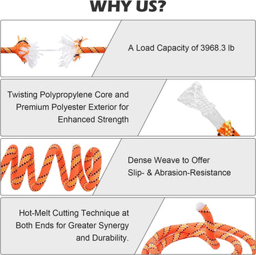 Arborist Rigging Rope (1/2 in x 150 ft), Braided Polyester Rope, Outdoor Climbing Rope High Strength Rope for Rock Hiking Camping Construction Climbing Swing Sailing, Orange