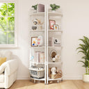 Corner Shelf Stand, 5-Tier Corner Shelf with LED Light, 70 Inch Tall Display Shelf for Living Room, Bedroom, Bookshelf, Industrial Shelf with Steel Frame, Plant Shelf (White)