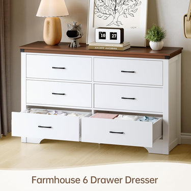 Farmhouse 6 Drawer Dresser for Bedroom, 51" Wide Chest of Drawers, Wood White Dresser with Deep Drawers, Storage Dressers Organizer for Bedroom, Living Room, Hallway