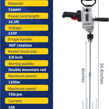 URBANVISTA Electric Handheld Drill Mixer 1200W, 10A Corded Heavy Cement Mixer Set, Variable Speeds Mixing Drill Machine 5/8", Concrete Mud Mixer with Spade for Drilling and Mixing