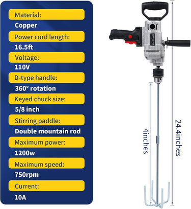 URBANVISTA Electric Handheld Drill Mixer 1200W, 10A Corded Heavy Cement Mixer Set, Variable Speeds Mixing Drill Machine 5/8", Concrete Mud Mixer with Spade for Drilling and Mixing