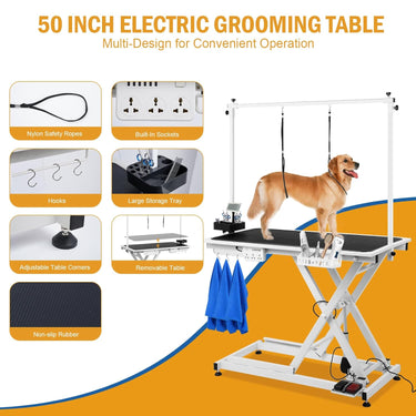 Electric Dog Grooming Table 50 inch with Foot-operated, Professional Heavy Duty Pet Grooming Table for Dogs at Home, Aluminium Adjustable Overhead Arm & Tool Organizer, Large Pet Grooming Station