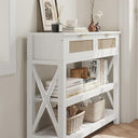 Console Table with 2 Rattan Drawers, Entryway Table with 3-Tier Storage Shelves, Narrow Long Sofa Table for Entryway, Hallway, Foyer and Living Room, White