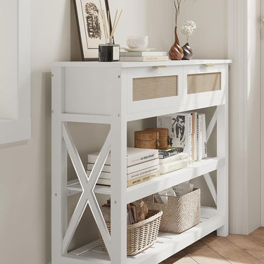 Console Table with 2 Rattan Drawers, Entryway Table with 3-Tier Storage Shelves, Narrow Long Sofa Table for Entryway, Hallway, Foyer and Living Room, White