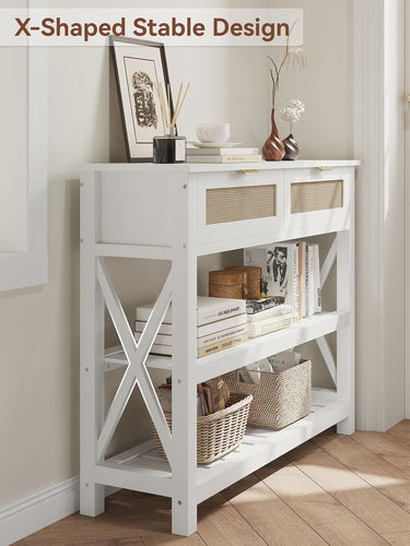 Console Table with 2 Rattan Drawers, Entryway Table with 3-Tier Storage Shelves, Narrow Long Sofa Table for Entryway, Hallway, Foyer and Living Room, White