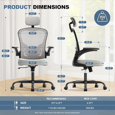 Ergonomic Office Chair Big and Tall, 350LBS Capacity, 6'5" Tall Max, Home High Back Desk Chair for Long Hours Comfortable, Adjustable Headrest, Lumbar Support, Flip-up Arm and PU Wheels, Light Gray