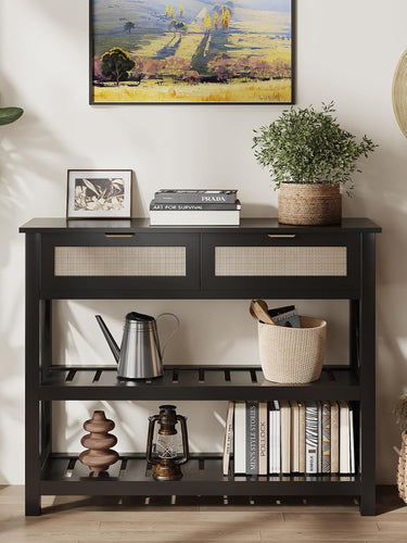 Console Table with 2 Rattan Drawers, Entryway Table with 3-Tier Storage Shelves, Narrow Long Sofa Table for Entryway, Hallway, Foyer and Living Room, Black