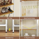 L-Shaped Bakers Rack with Power Outlet, 6-Tier Microwave Stand with Open Storage, Coffee Bar with Hooks, Mesh Grid, Kitchen Shelf with Wire Basket, White