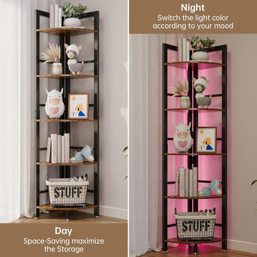 OtterOsis 5-Tier Corner Shelf with LED Light, 70” Tall Corner Bookshelf, Plant Shelf, Wood Display Shelf for Living Room, Bedroom, Balcony, Kitchen (Brown)