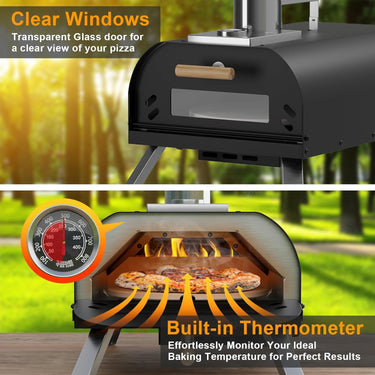 LotFun Outdoor Pizza Oven with Manual Rotating System, 12" Portable Wood Fired Pizza Oven with Pizza Stone, Pizza Shovel and Pizza Cutter, Stainless Steel Pizza Oven for Backyard Patio