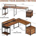 66" L Shaped Desk with Wood Drawers, 113" 2 Person Desk with Printer Stand, Large Reversible L Shape Gaming Desk with Power Outlet, Brown Computer Desk with Power Outlet for Home Office