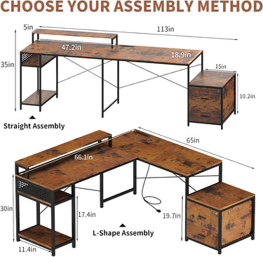 66" L Shaped Desk with Wood Drawers, 113" 2 Person Desk with Printer Stand, Large Reversible L Shape Gaming Desk with Power Outlet, Brown Computer Desk with Power Outlet for Home Office