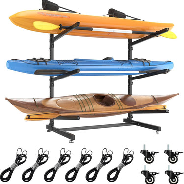 LotFun Freestanding Kayak Stand, Fits Kayaks, SUPs, Canoes, with Wheels and Foot Pad, Heavy Duty Adjustable Storage Rack