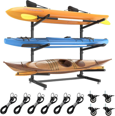 LotFun Freestanding Kayak Stand, Fits Kayaks, SUPs, Canoes, with Wheels and Foot Pad, Heavy Duty Adjustable Storage Rack