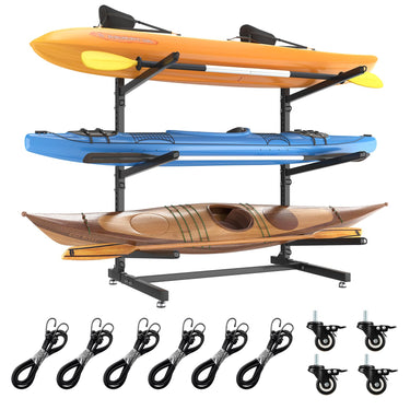 LotFun Freestanding Kayak Stand, Fits Kayaks, SUPs, Canoes, with Wheels and Foot Pad, Heavy Duty Adjustable Storage Rack