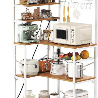 L-Shaped Bakers Rack with Power Outlet, 6-Tier Microwave Stand with Open Storage, Coffee Bar with Hooks, Mesh Grid, Kitchen Shelf with Wire Basket, White