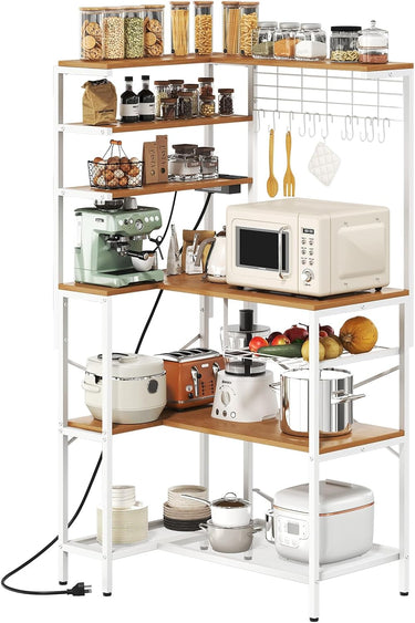 L-Shaped Bakers Rack with Power Outlet, 6-Tier Microwave Stand with Open Storage, Coffee Bar with Hooks, Mesh Grid, Kitchen Shelf with Wire Basket, White